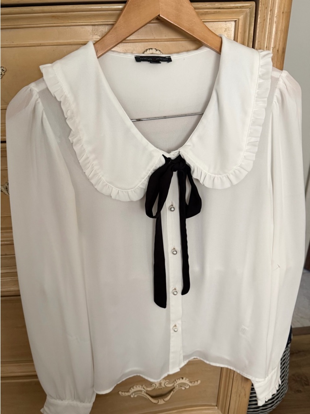 Women’s White Ruffled Collar Blouse with Black Tie